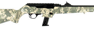 Ruger PC Carbine 9mm with green digital camouflage stock and fluted threaded barrel