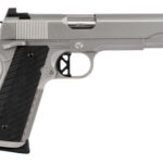 a silver handgun with black grip with Springfield Armory in the background