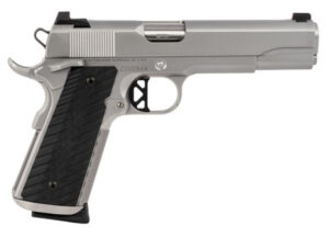 a silver handgun with black grip with Springfield Armory in the background