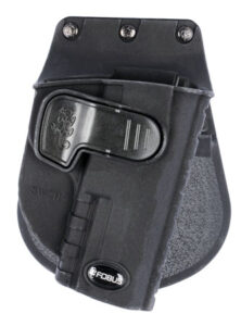 a black holster with a clip