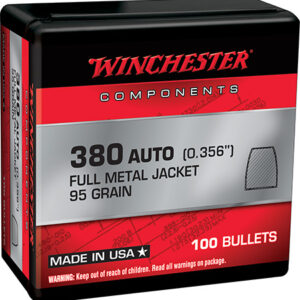 Winchester Ammo WB380MC95X Centerfire Handgun Reloading 380 ACP .356 95 gr Full Metal Jacket 100 Per Box/ 10 Case