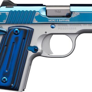 Kimber Micro 9 Sapphire 9mm pistol with bright blue PVD slide and G10 grips, tritium night sights