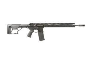 a black rifle with a long gun stock