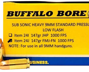 Buffalo Bore Ammunition 24J20 Subsonic Strictly Business 9mmLuger 147gr Full Metal Jacket Flat Nose 20 Per Box/12 Case