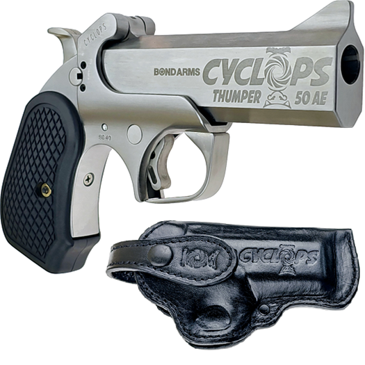 Bond Arms Cyclops .50 Action Express 4.25 inch satin stainless single-shot handgun with B6 resin grips and leather holster