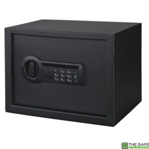 a black safe with a combination lock