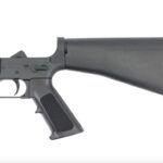 a black rifle with a long black tube