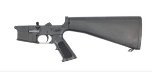 a black rifle with a long black tube