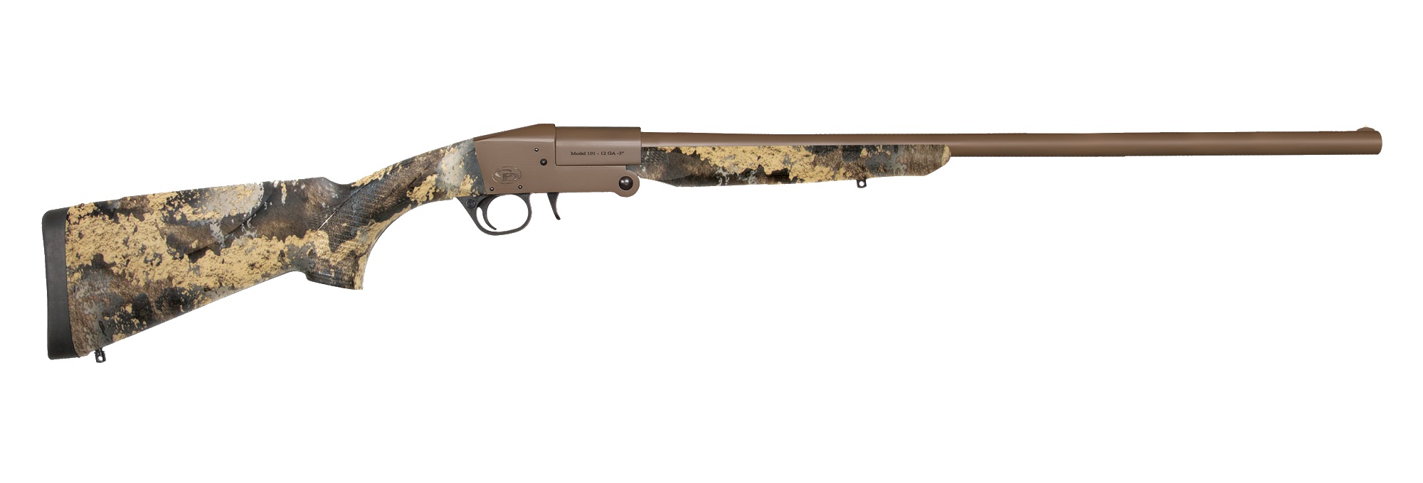 a brown shotgun with a black handle