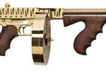 108903 Thompson T150DTGTS 1927A-1 Deluxe 45 ACP Caliber with 16.50" Barrel, 20+1 Capacity (Stick), 50+1 Capacity (Drum), Gold w/Tiger Stripe Metal Finish, American Walnut Stock Wood Grip Right Hand