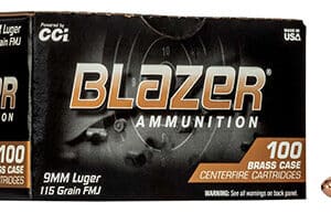 CCI 51991BB Blazer Brass Handgun 9mmLuger 115gr Full Metal Jacket 100 Per Box/5 Case
