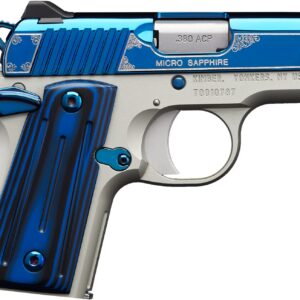 Kimber Micro Sapphire .380 ACP pistol with bright blue PVD slide and blue/black G-10 grips