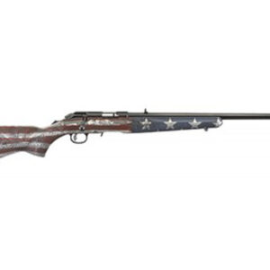 Ruger American Rimfire Heartland .22 LR bolt-action rifle with engraved wood stock and flag overlay