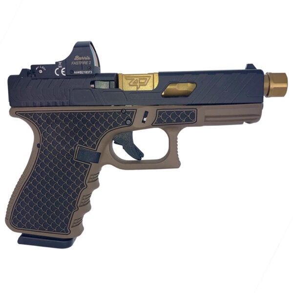 GLPl1950203BBTB Right 1 Glock 19 Gen 3 Custom "Tarpon FDE with Gold Barrel" Compact Handgun 9mm Luger 15/rd Magazines (2) 4.6" Threaded Gold Barrel Burris Fast Fire II Red Dot USA