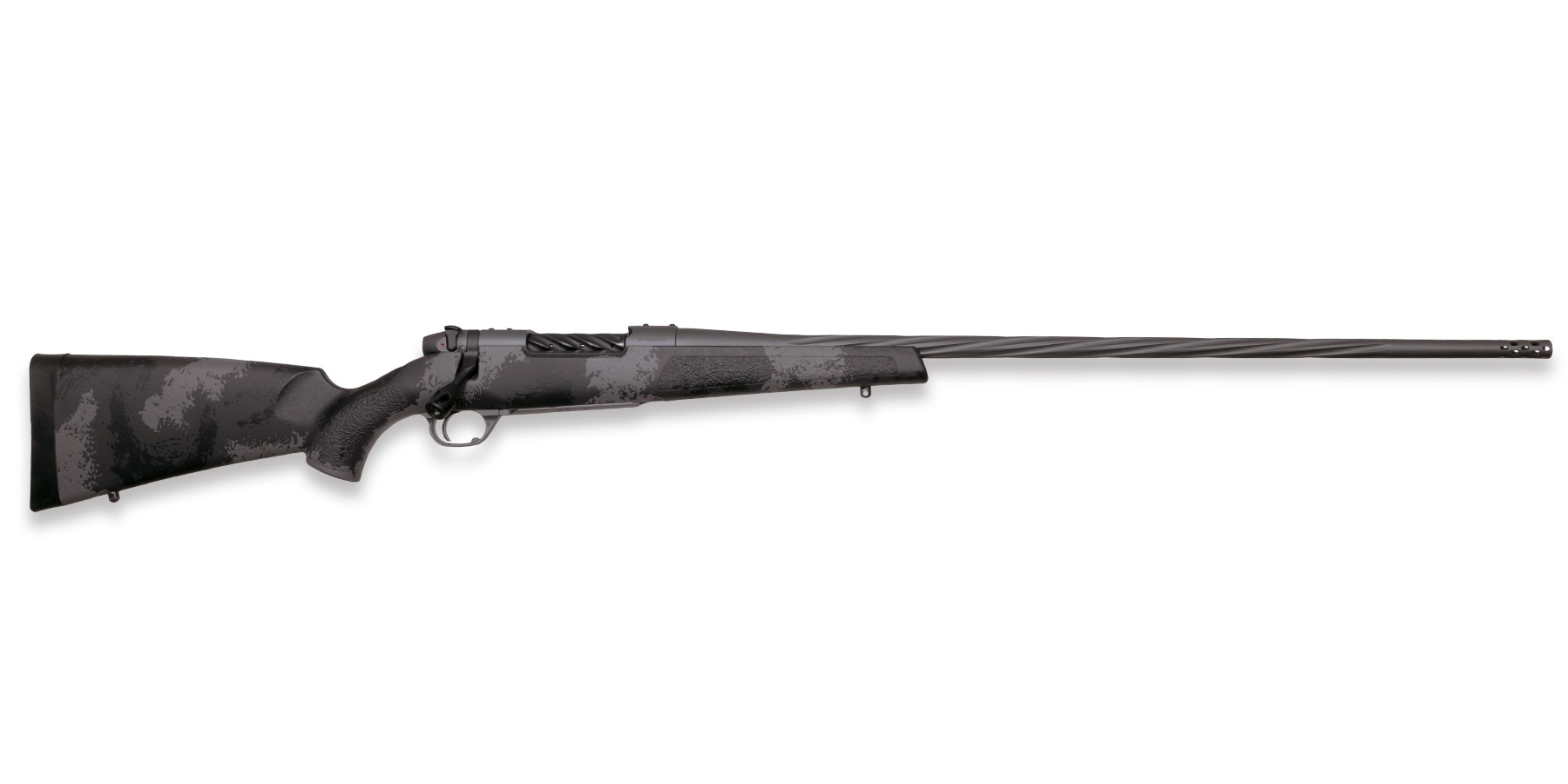 Weatherby Mark V Live Wild 7mm-08 Remington rifle with carbon gray Cerakote and black/gray sponge-pattern stock