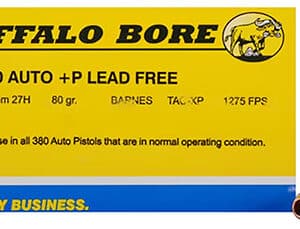 Buffalo Bore Ammunition 27H20 Buffalo-Barnes Strictly Business 380ACP +P 80gr Barnes TAC-XP Lead Free 20 Per Box/12 Case