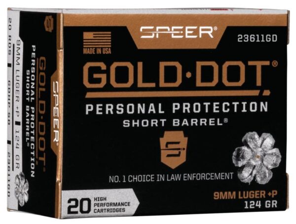 SP23611GD Speer Gold Dot Short Barrel Handgun Ammunition 9mm Luger (+P) 124 gr HP 1150 fps 20/ct