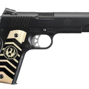 Ruger SR1911 Night Watchman 10mm black nitride with white chevron Ivorylite grips side view