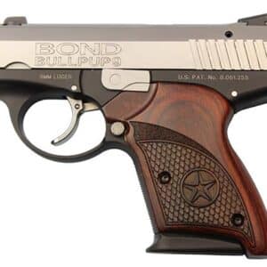 Bond Arms Bullpup 9mm pistol two-tone stainless slide black frame engraved rosewood grips 3.35 inch barrel