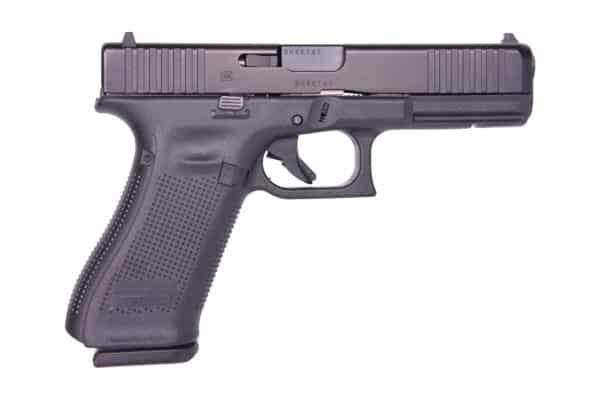 Glock 17 Gen5 9mm pistol with black nDLC slide and polymer frame, front slide serrations