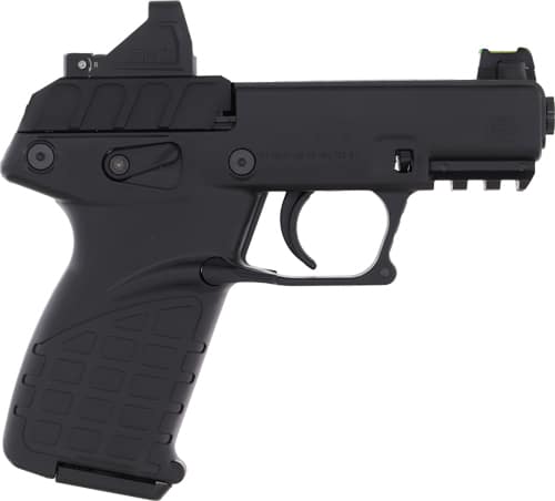 KelTec P17 .22 LR pistol with threaded barrel and mounted green-dot optic, black finish