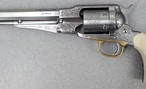 Taylors & Company 550763 1858 Remington Conversion 45 Colt (LC) Caliber with 8" Barrel, 6rd Capacity Cylinder, Overall Nickel-Plated Engraved Finish Steel & 2-Piece Ivory Grip