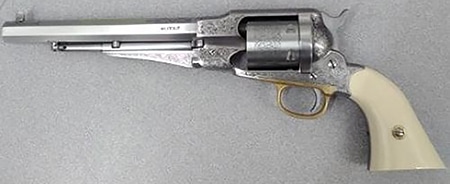 Taylors and Company 1858 Remington Conversion .45 Long Colt 8-inch nickel-plated engraved revolver with ivory grips
