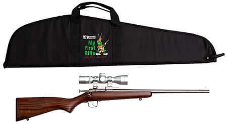 Keystone Crickett 22 LR single-shot bolt-action rifle with walnut stock and 4x32 scope