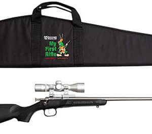 Keystone Crickett 22 LR rifle with black synthetic stock and 4x32 scope