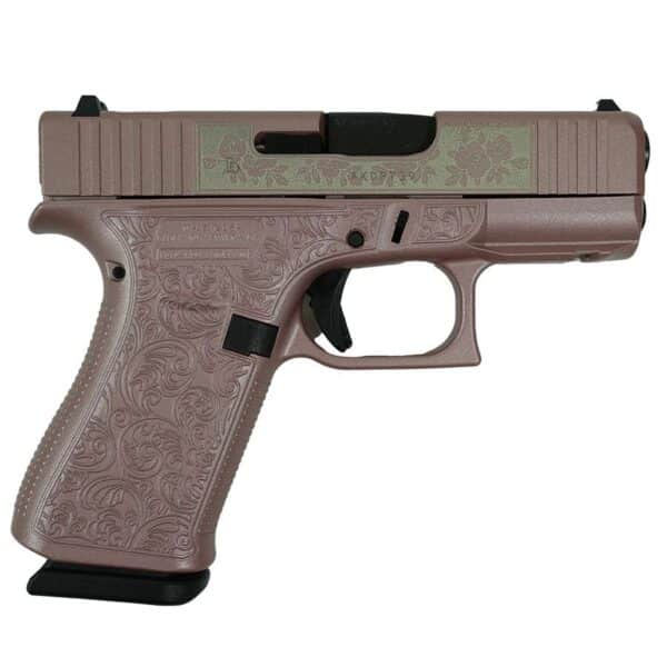 Glock 43X "Glock & Roses" pink engraved slide and frame right-side view