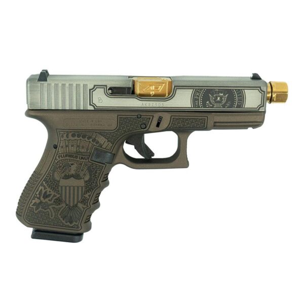 GLUI1950203T2T 1 1 Glock 19 Gen 3 Compact "Trump Edition" Handgun 9mm Luger 15rd Magazines (2) 4.4" Threaded Gold Barrel Two Tone Austria made