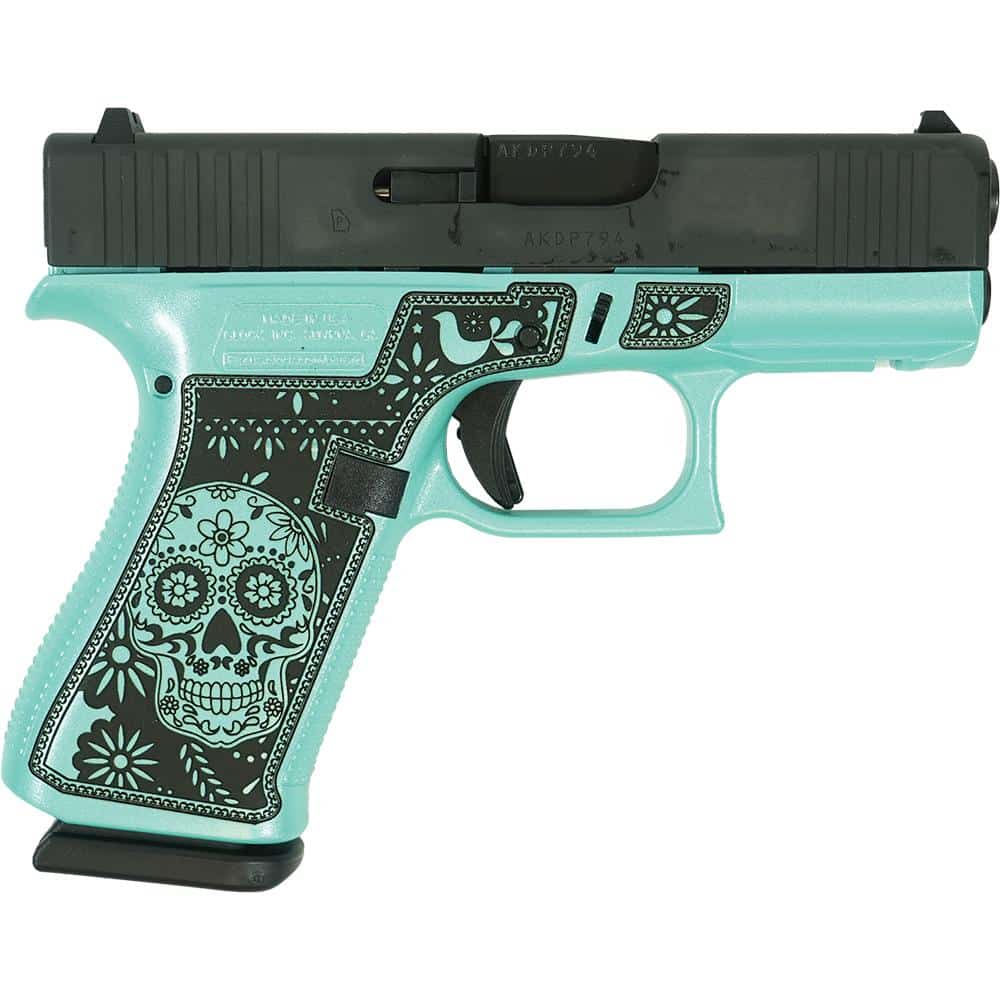 Glock 43X Sugar Skull Glitter Robin's Egg Blue 9mm handgun
