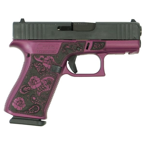 glock 43x 9mm w front rails usa cust engd frame only paisley blk cherry 0002 right Glock 43X "Paisley Grip" Black Cherry Handgun 9mm Luger 10rd Magazines(2) 3.4" Barrel Accessory Rail USA Made