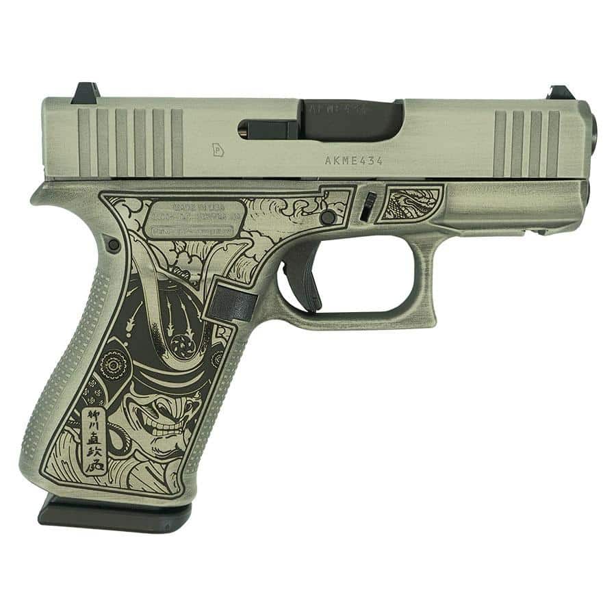 Glock 43x Custom Bushido Mask battleworn slide sand 9mm pistol right profile