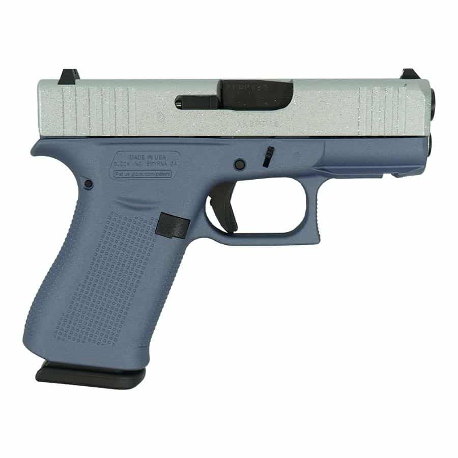 Glock 43X 9mm Luger crushed silver glitter slide orchid purple frame right side