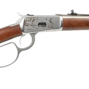 Heritage Arms R92 18-inch stainless lever-action rifle with hardwood stock and engraved cowboy theme receiver
