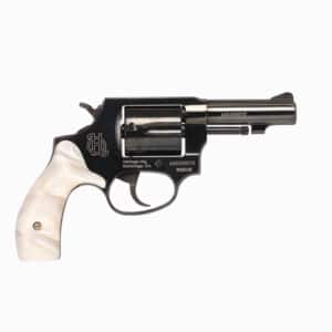 Heritage Arms Roscoe .38 Special 3-inch barrel revolver with white pearl grips and blued finish