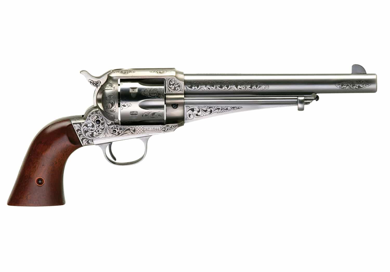 Taylors and Company 1875 Army Outlaw .357 Magnum revolver, 7.50 inch barrel, white engraved steel, walnut grips