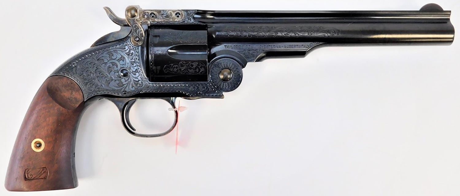 Taylors and Company Top Break Schofield .45 Long Colt 7-inch blued engraved revolver with walnut grip