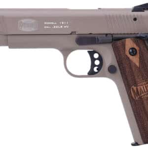 Mauser 1911 .22 LR with tan serrated aluminum slide, tan aluminum frame and walnut grips