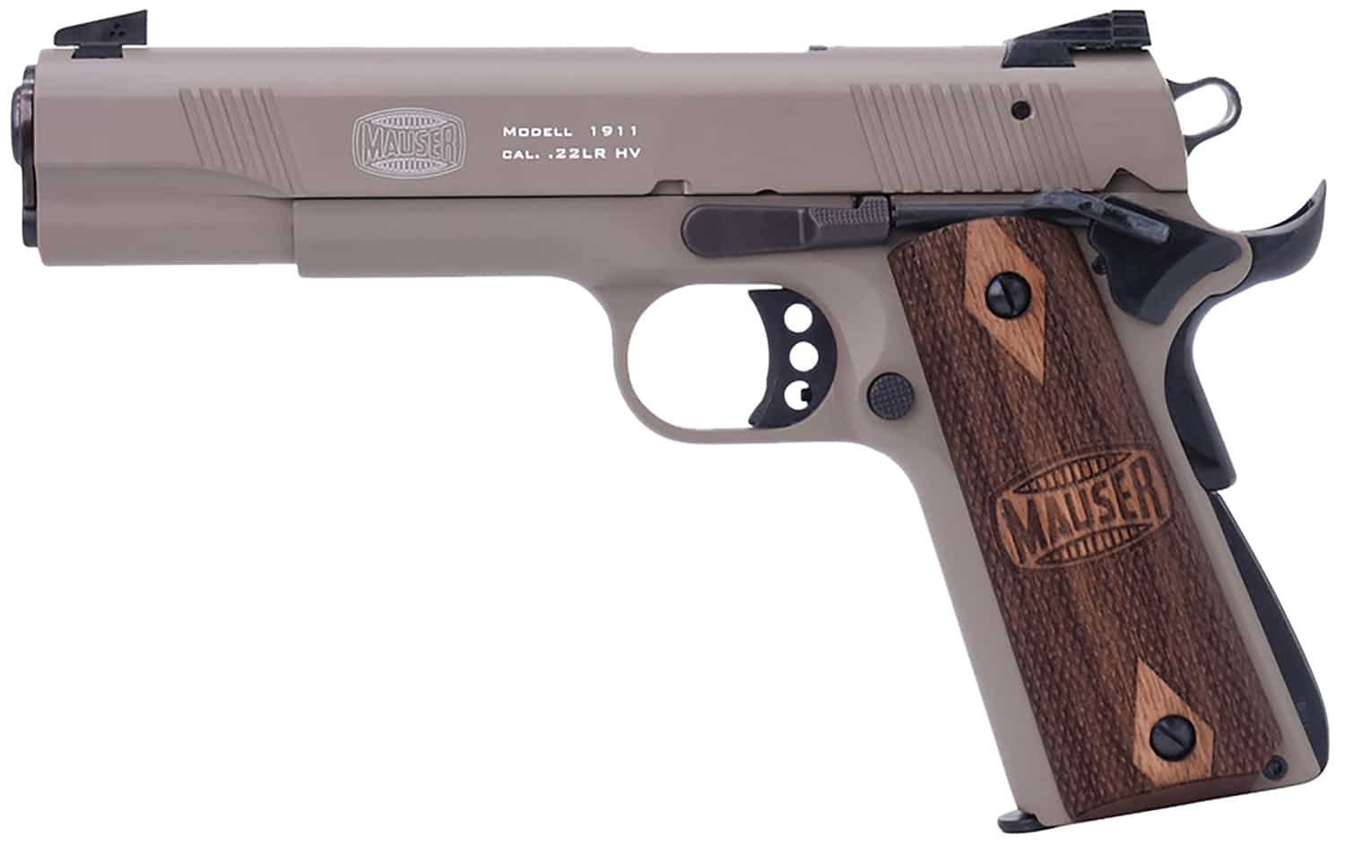 Mauser 1911 .22 LR with tan serrated aluminum slide, tan aluminum frame and walnut grips