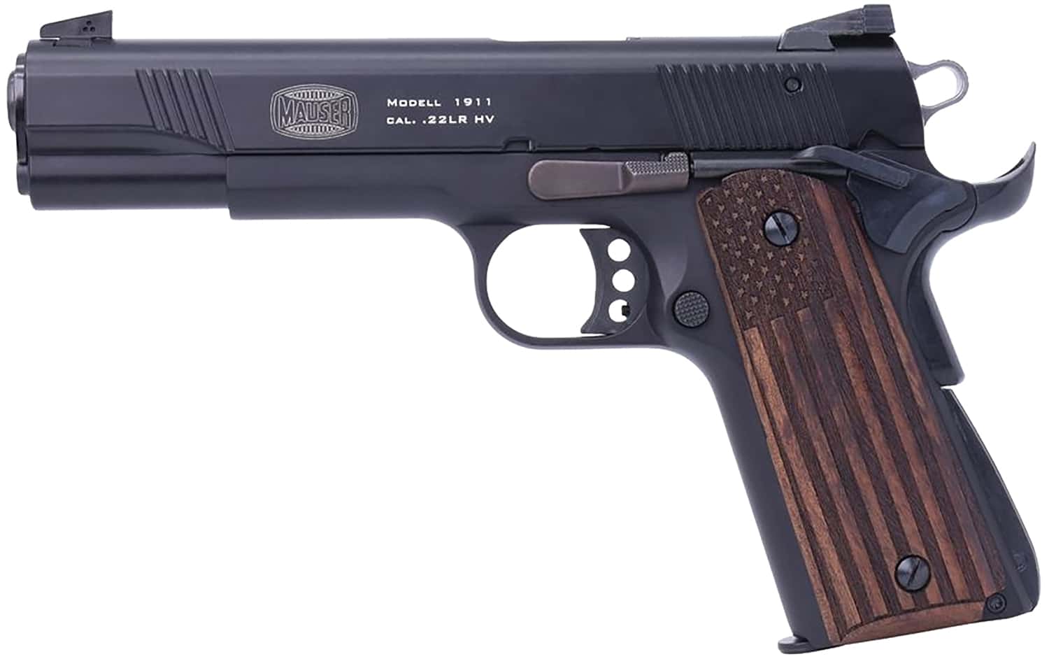 Mauser Rimfire 1911 .22 LR black pistol with 5-inch barrel and molded wood flag grips