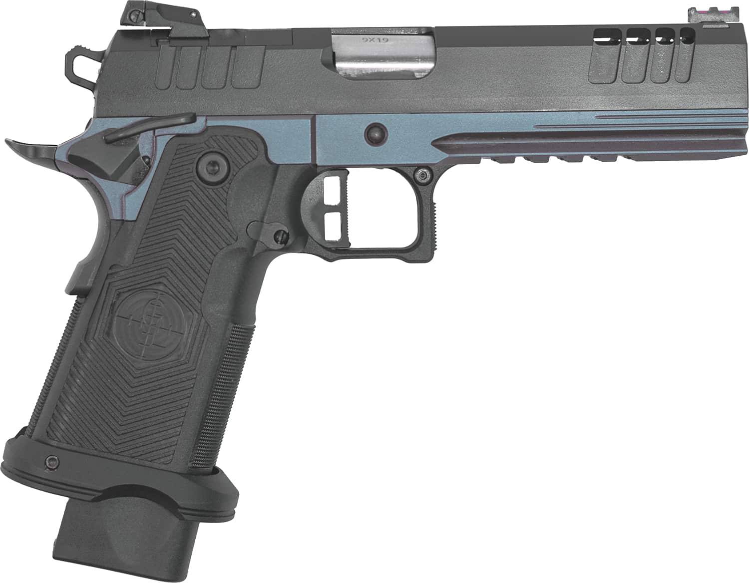 Great Lakes 1911DS Synergy 9mm pistol with 5in barrel, blue titanium frame and black Cerakote slide