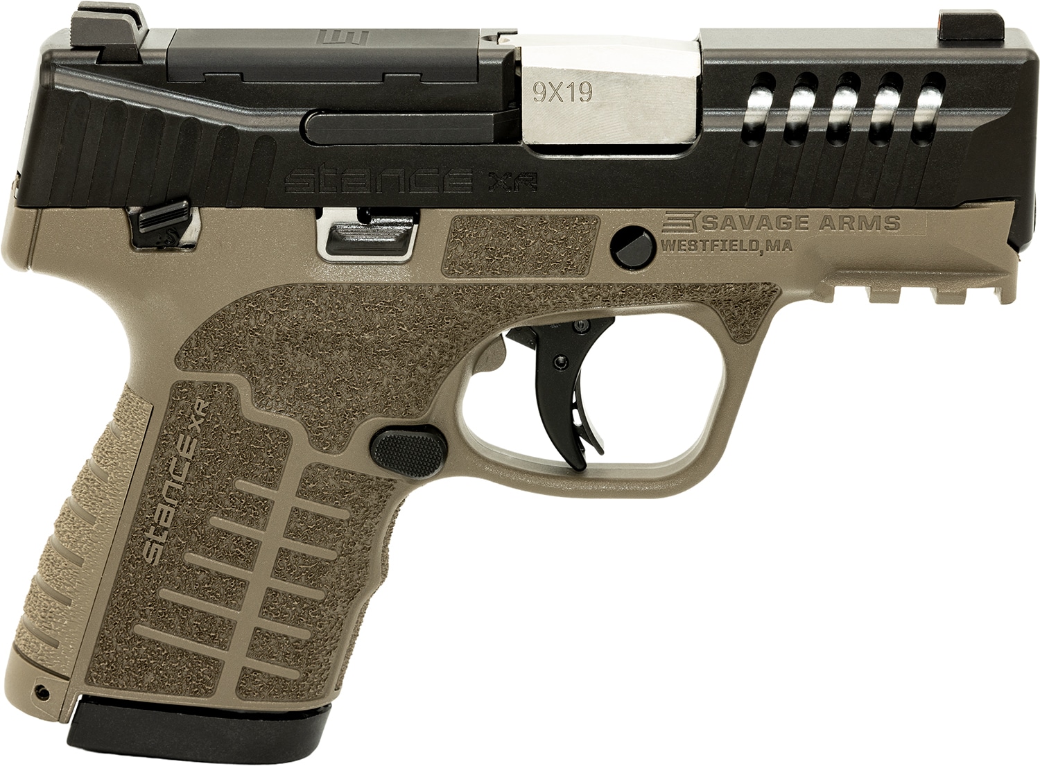 Savage Stance XR 9mm pistol with 3.2 inch barrel, FDE polymer grip and black nitride finish