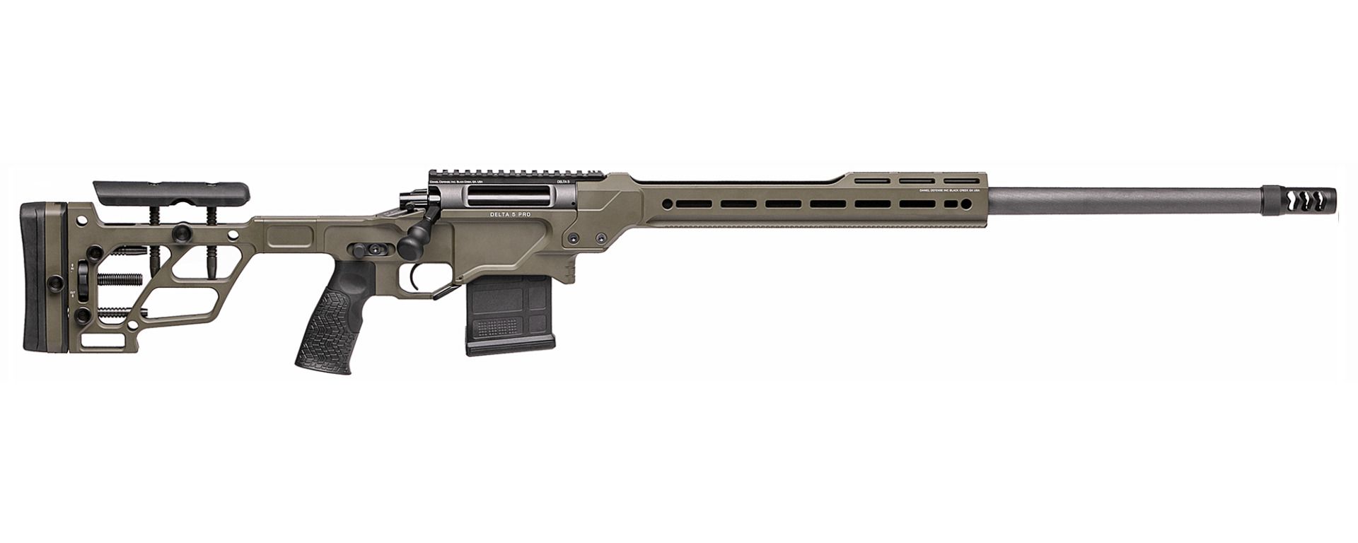 Daniel Defense Delta 5 Pro 6mm Creedmoor rifle with 26-inch varmint barrel in olive drab green