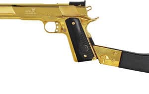 Iver Johnson Eagle XL45 .45 ACP carbine with gold-colored metal finish and walnut stock