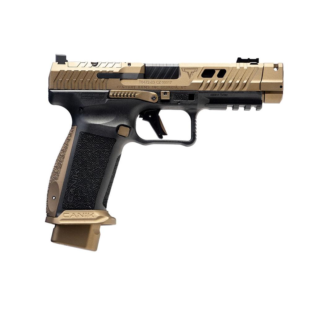 Canik TTI Combat 9mm pistol with flat dark earth slide and black polymer frame, 4.62-inch barrel