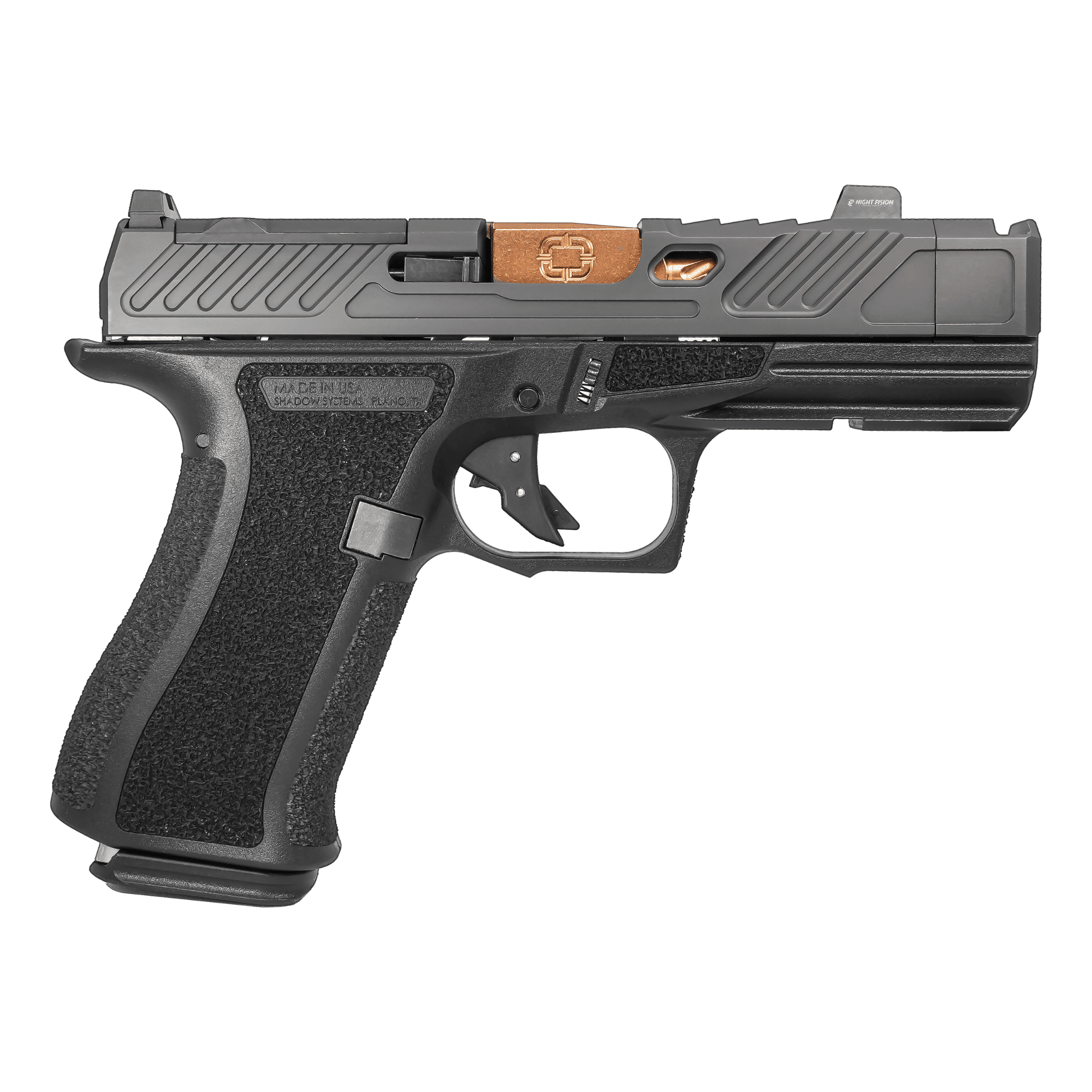 Shadow Systems CR920XP 9mm pistol with bronze fluted barrel and black DLC slide
