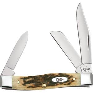 Case 00079 Stockman  Medium 2.57"/1.88"/1.76" Folding Clip/Sheepsfoot/Pen Plain Mirror Polished Chrome Vanadium Steel Blade/Peach Seed Jigged Amber Bone Handle