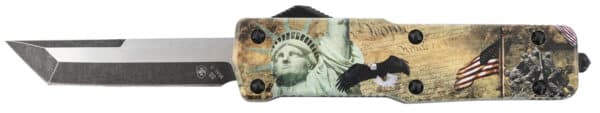 Templar Knife SZLIB221 Premium Weighted Small 3" OTF Tanto Plain Black Oxide Stonewashed Powdered D2 Steel Blade/ 4.50" Gold w/Statue of Liberty/Flag/Eagle Aluminum Zinc Alloy Handle